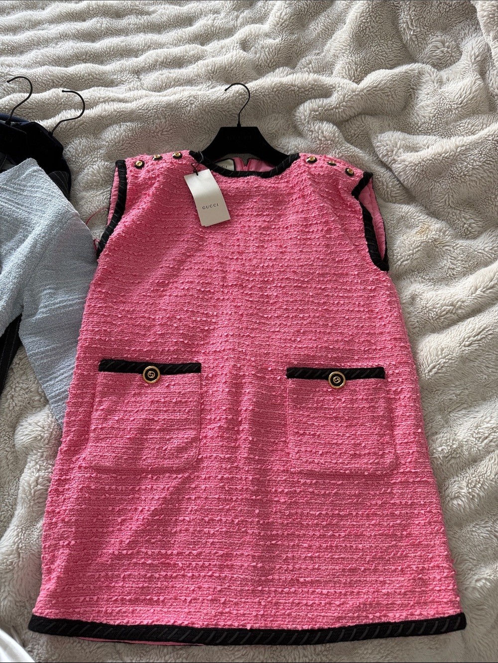 Gucci Pink Tweed Shift Dress with Black Trim and Gold Buttons size 36 run big
